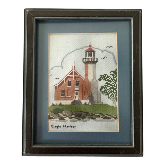 Vtg. Framed Eagle Harbor Lighthouse Cross-Stitch – Nautical Wall Art – 8.5 x 10. - Picture 1 of 3